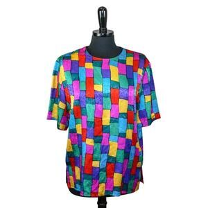 Vintage Galinda Silk Blouse Short Sleeve Multicolor Rainbow Abstract L